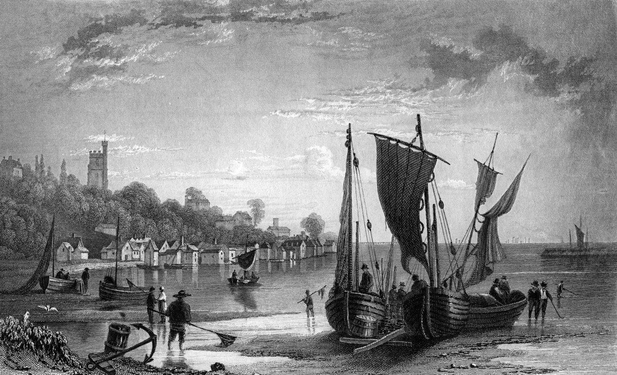 Wioska Leigh, niedaleko Southend, Essex, grawerowana przez Charlesa Mottrama, 1833 autorstwa William Henry Bartlett