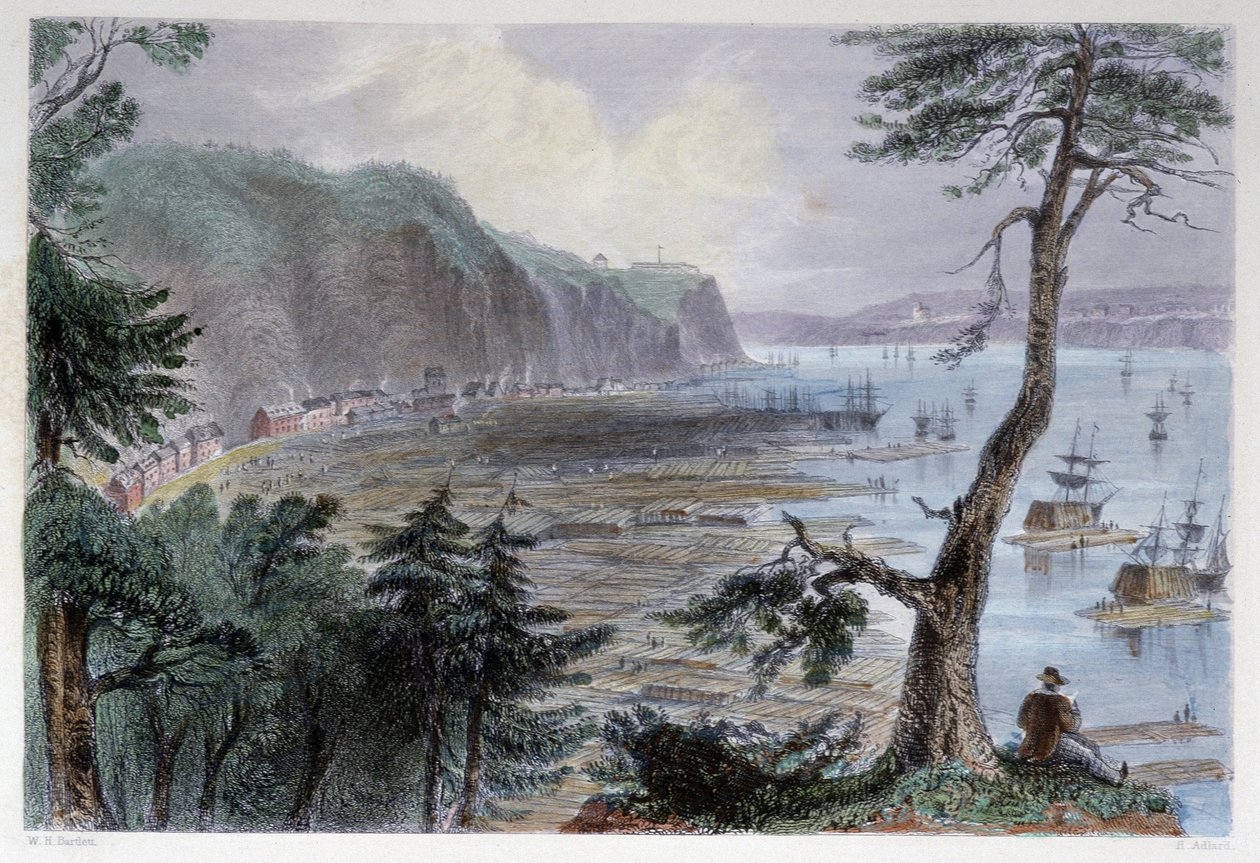 Osadzanie drewna w okolicach Quebecu - w „” kanadyjskiej scenerii zilustrowanej” przez Bartletta W.H. autorstwa William Henry Bartlett