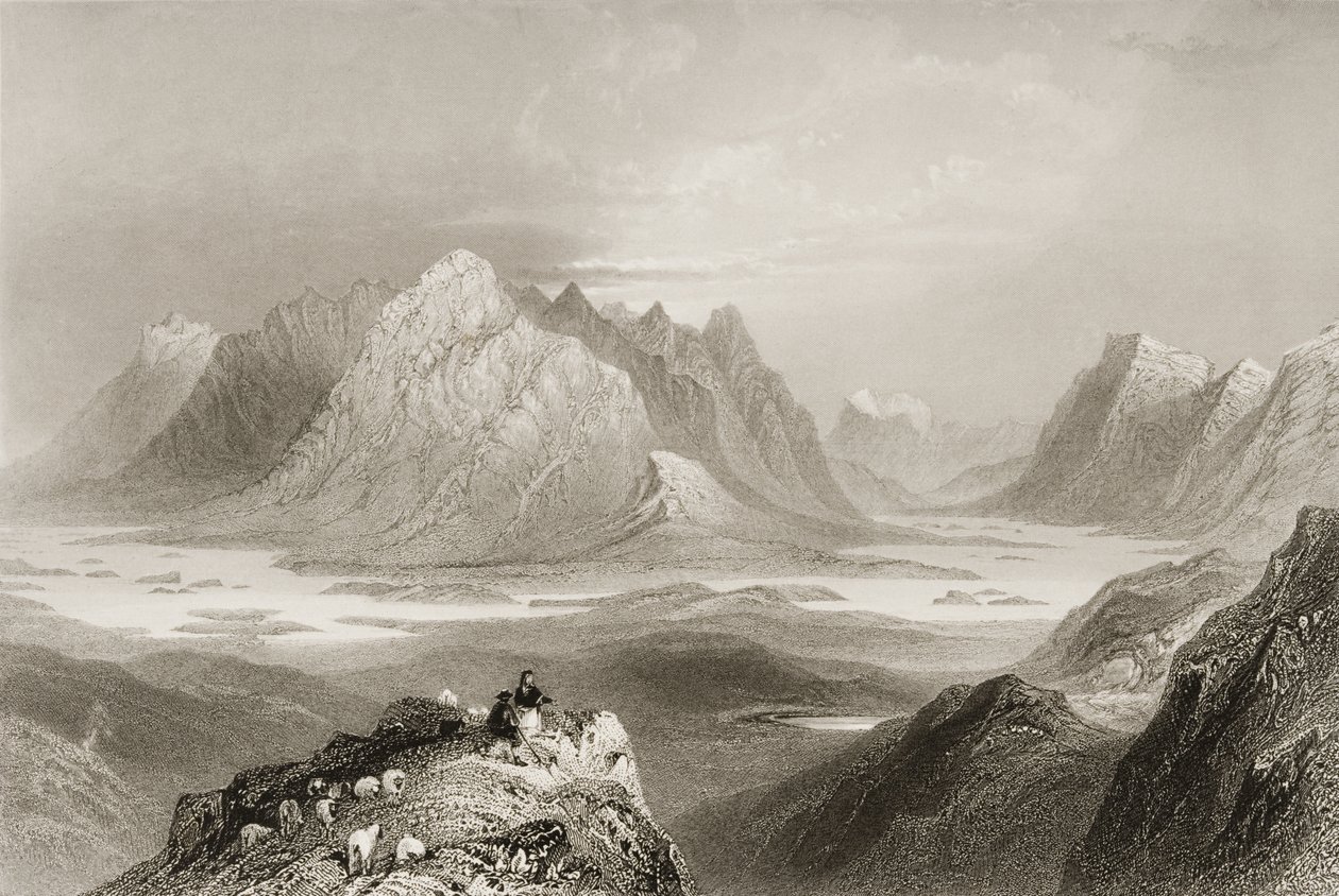 Widok z Cloonacartin Hill, Connemara, hrabstwo Galway, z „Krajobrazy i starożytności Irlandii” George