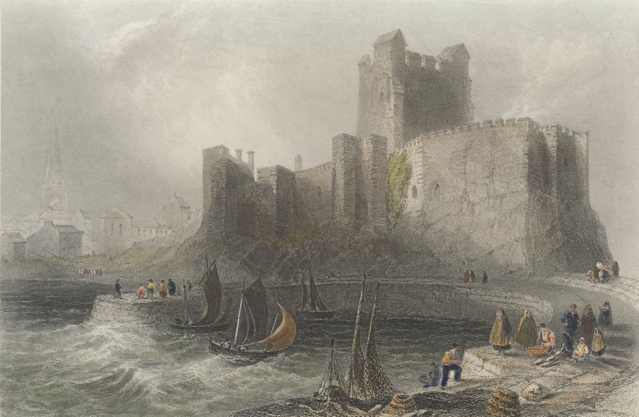 Widok na zamek Carrickfergus (kolorowy grawerunek) autorstwa William Henry Bartlett