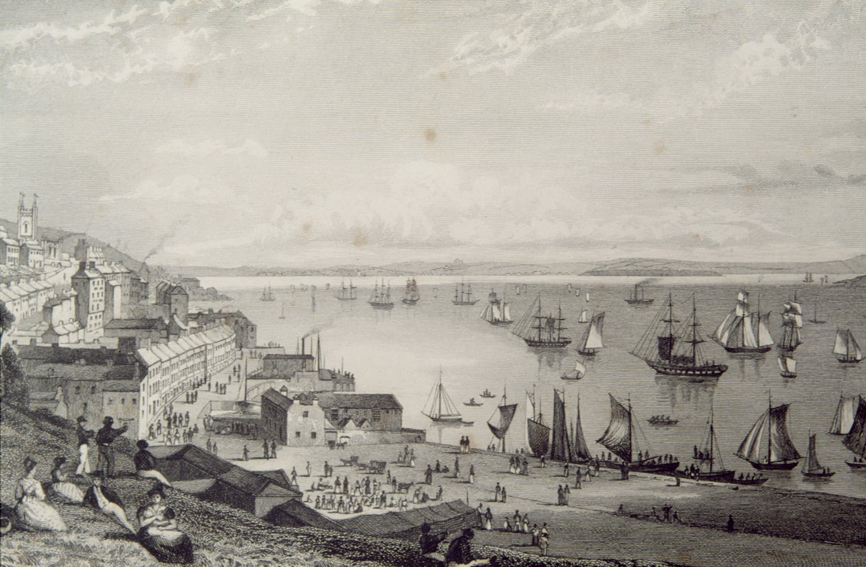 Widok na port Cobh, patrząc w kierunku Rostellan, hrabstwo Cork, Irlandia w latach 30. XIX wieku, z „Krajobrazu i starożytności Irlandii” George