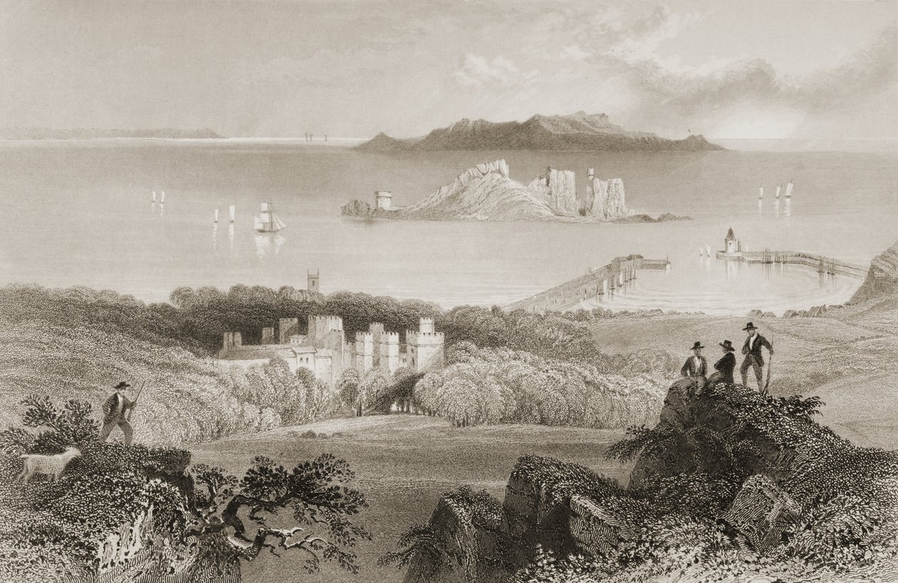 Widok zamku Howth, hrabstwo Dublin, Irlandia, z „Scenery and Antiquities of Ireland” George
