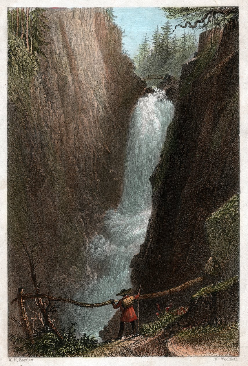 Wodospady Aar, w masywie Aar Gotthard, Alpy Szwajcarskie. ok. 1850 (Grawerowanie) autorstwa William Henry Bartlett