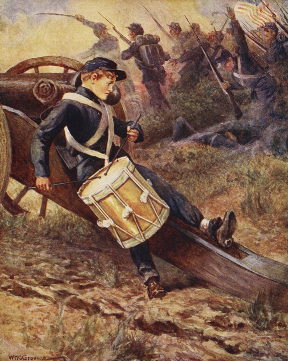 Wczołgał się za armatę i bladł coraz bardziej, z Ballad o sławnych walkach, wydanie pierwsze, 1920 r. autorstwa William Henry Charles Groome