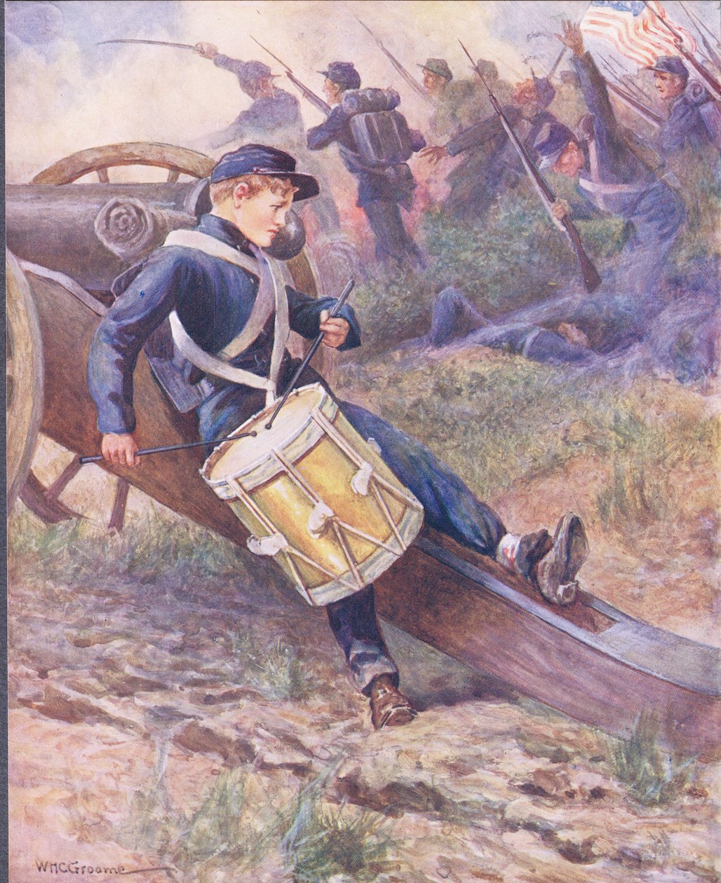 Czołgał się za armatą i blady i bledszy rósł, ilustracja z „Ballads of Famous Fights” c.1900 autorstwa William Henry Charles Groome
