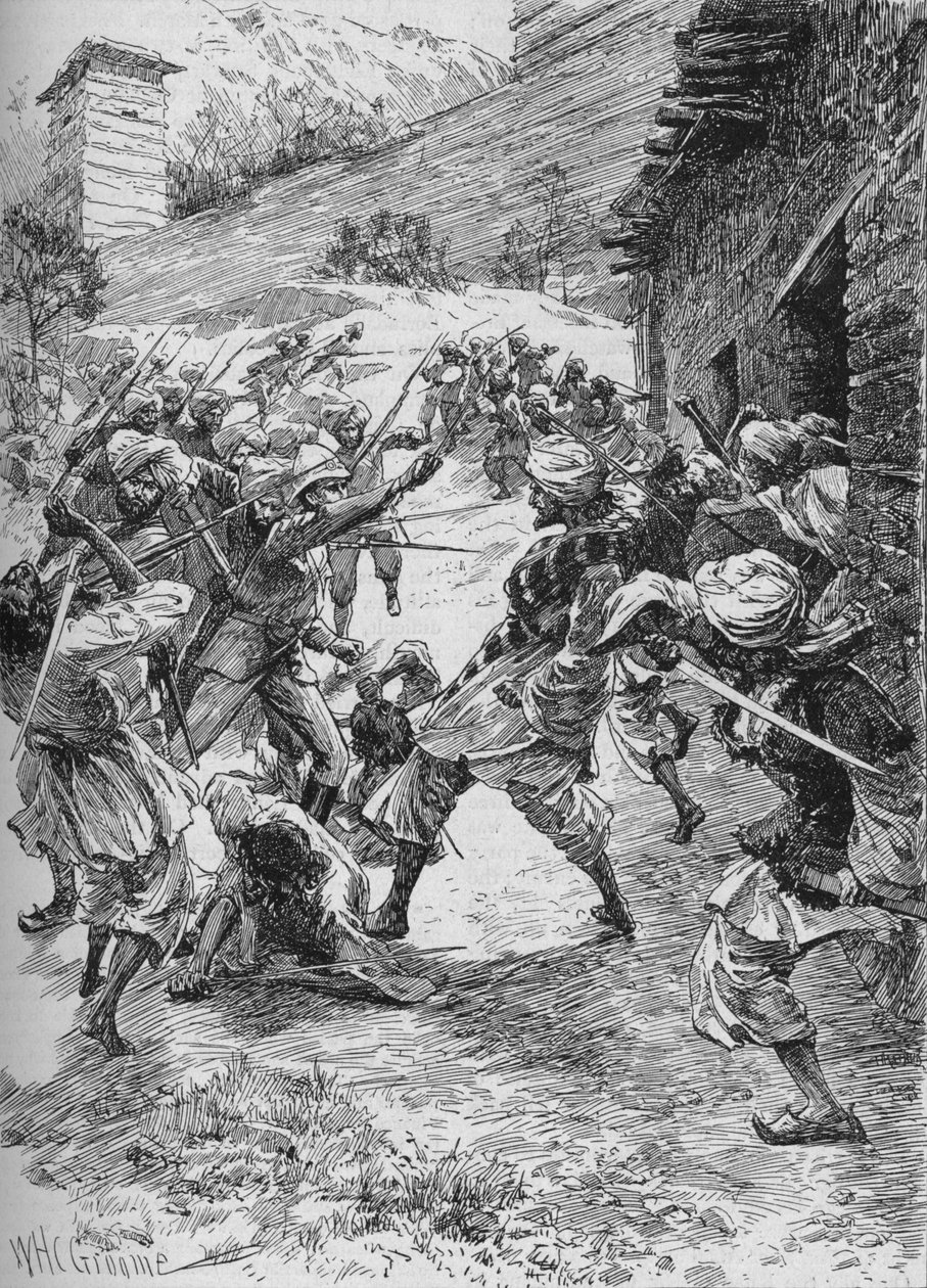 Porucznik Harley, na czele czterdziestu Sikhów i sześćdziesięciu Kaszmirczyków, pospieszył z domem przez usta autorstwa William Henry Charles Groome