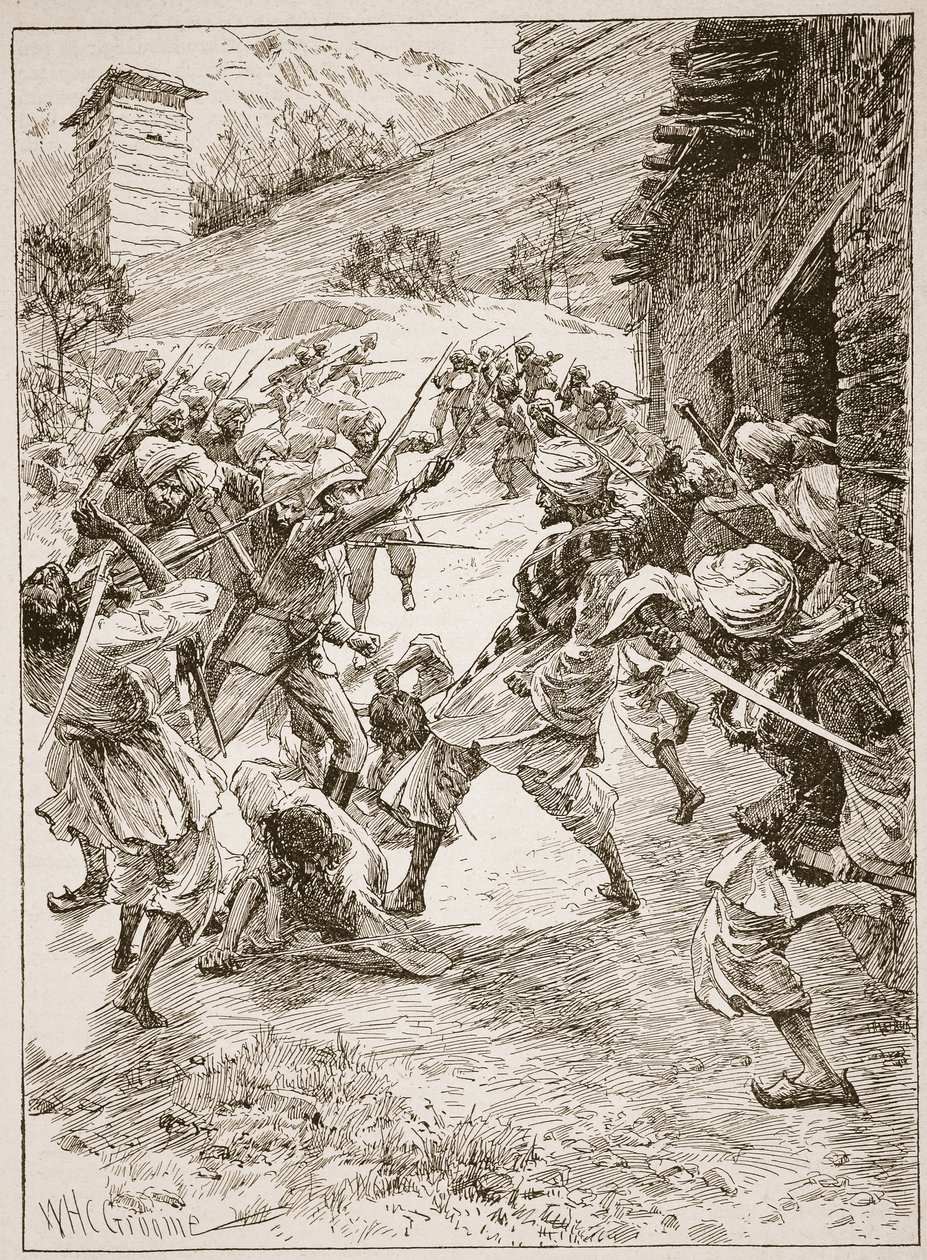 Porucznik Harley, na czele czterdziestu Sikhów i sześćdziesięciu Kaszmirczyków, wtargnął do domu nad ujście kopalni, ilustracja z „Bitwy XIX wieku” Archibalda Forbesa, G.A. Henta i autorstwa William Henry Charles Groome