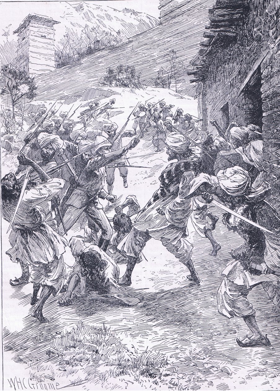 Porucznik Harley prowadzący grupę z Fort Chitral, ilustracja z Historii Anglii Cassells, 1900 autorstwa William Henry Charles Groome