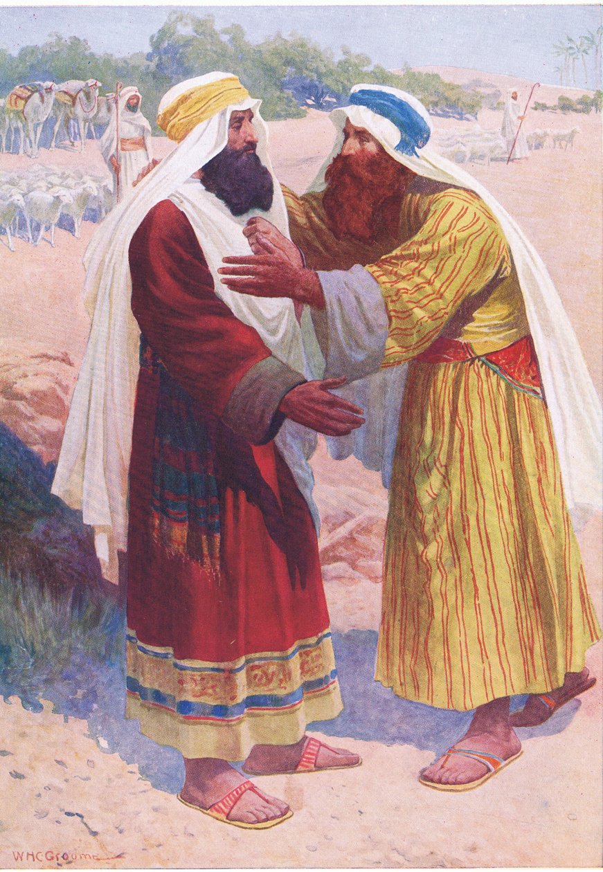 Spotkanie Jakuba i Ezawa, z Biblijnej Księgi Obrazkowej wydanej przez Thomasa Nelsona, ok. 1950 autorstwa William Henry Charles Groome
