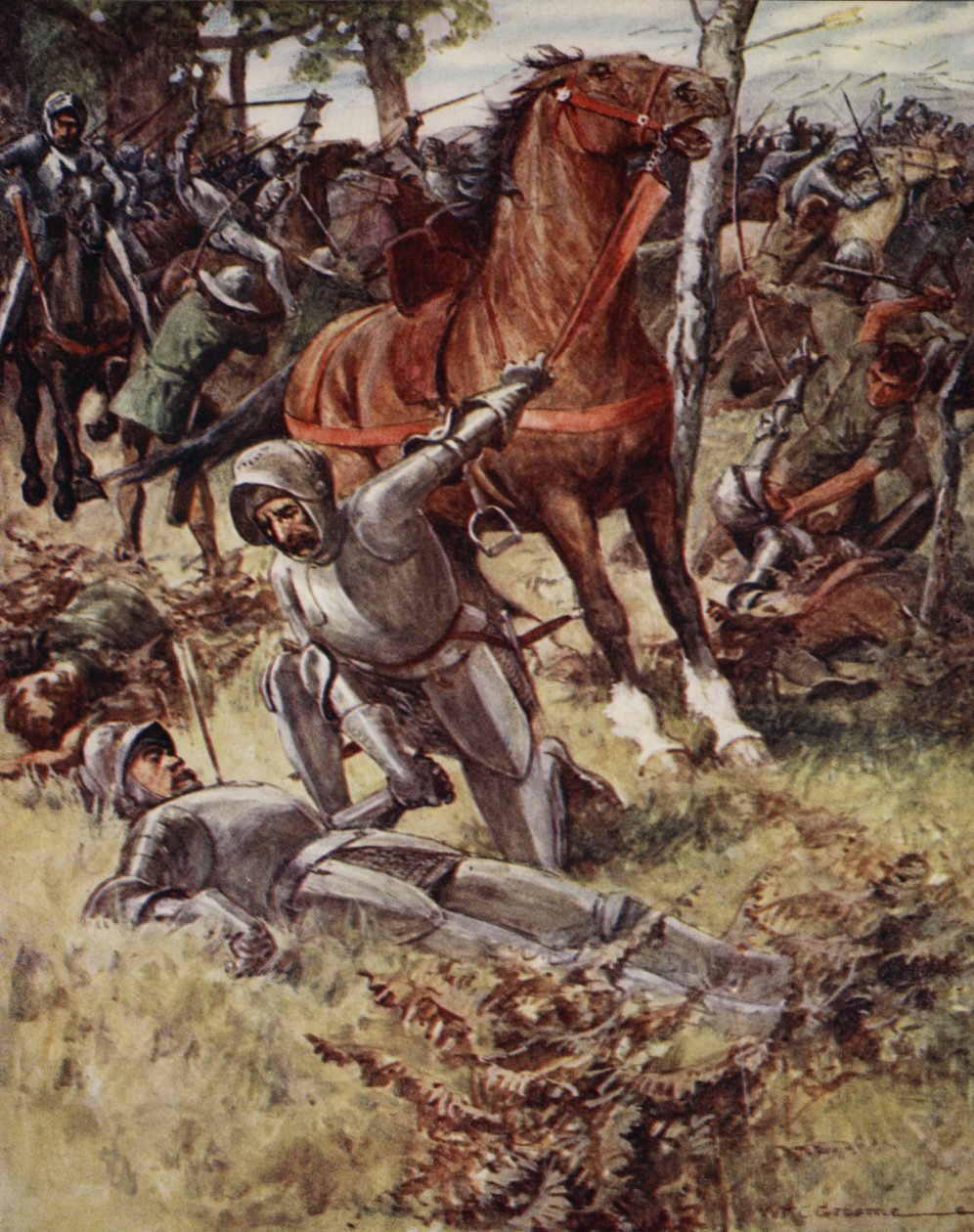 Potem opuszczając życie, Earl Percy wziął za rękę zmarłego, z Ballads of Famous Fights, First Edition, 1920 autorstwa William Henry Charles Groome
