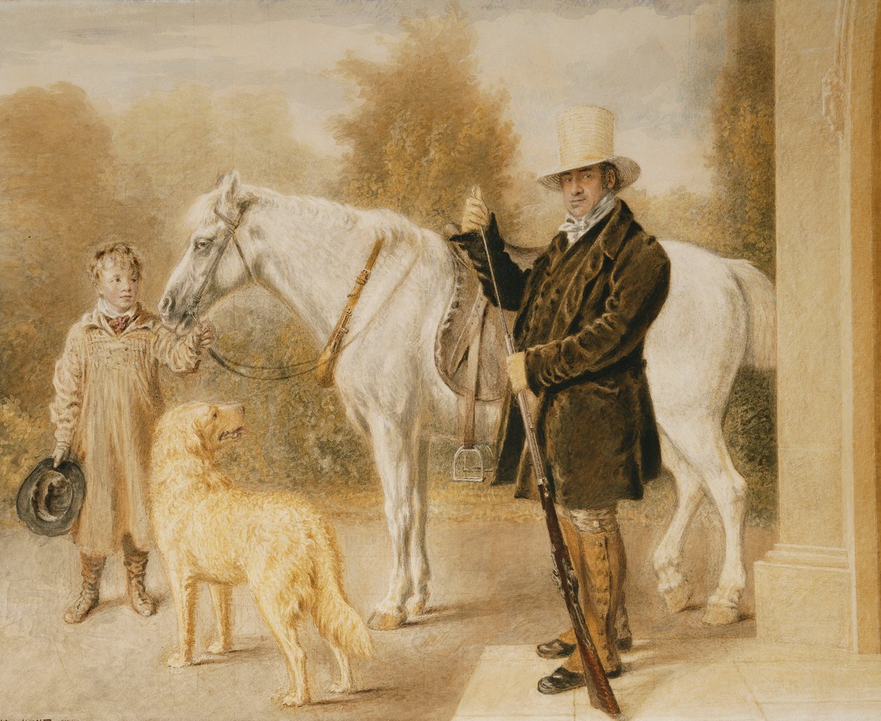 Sportowiec z chłopcem, kucykiem i psem, 1827 autorstwa William Henry Hunt