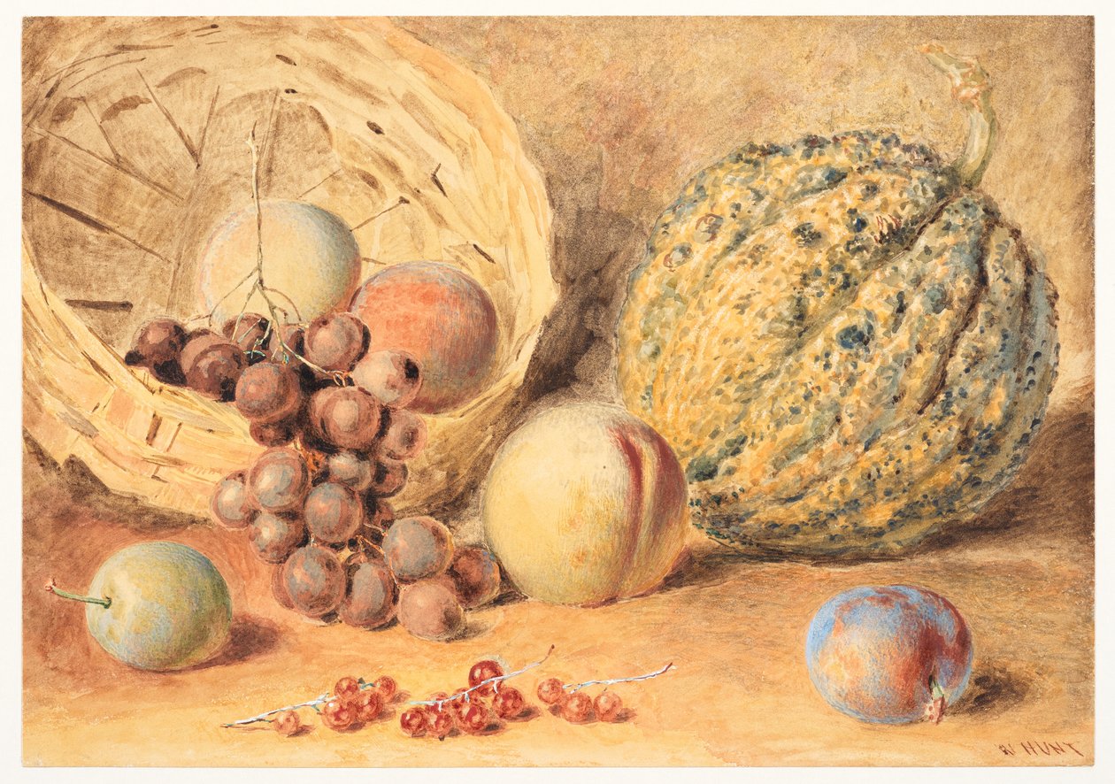 Kosz z melonem, brzoskwiniami, winogronami i śliwkami, ok. 1804 r. (grafit, akwarela z dodatkiem gumy arabskiej, kolor nadwozia i wydrapywanie na tkanym papierze) autorstwa William Henry Hunt
