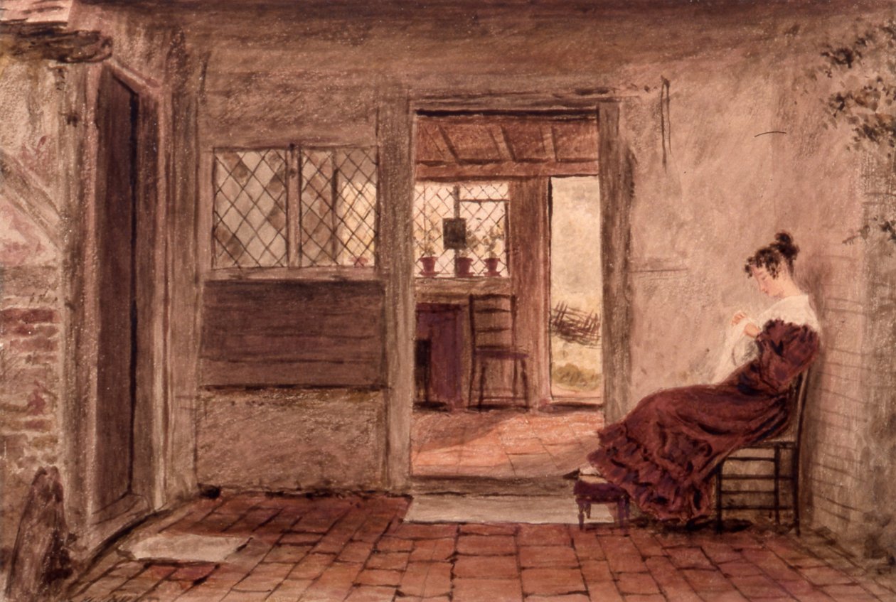 Wnętrze chaty z szyciem dziewczynki, ok. 1828 r. (akwarela na papierze) autorstwa William Henry Hunt