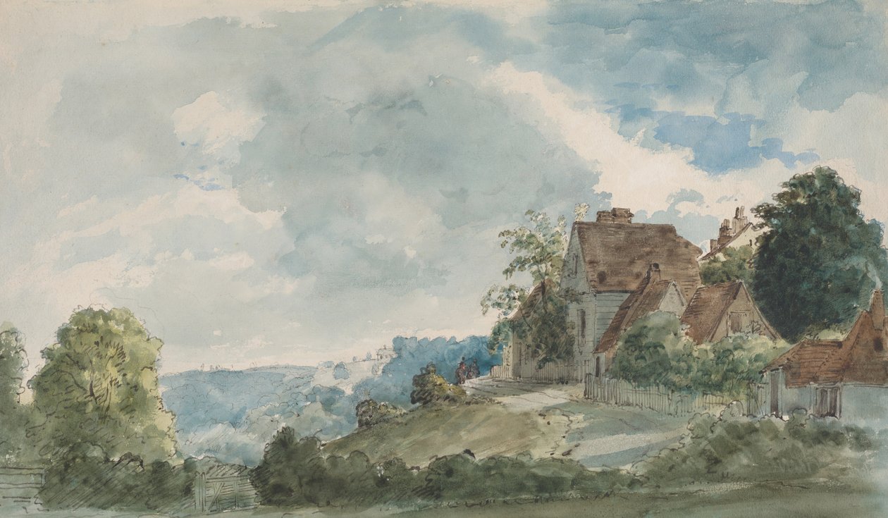 Domki w rozległym krajobrazie, koniec lat 20. XIX wieku. autorstwa William Henry Hunt