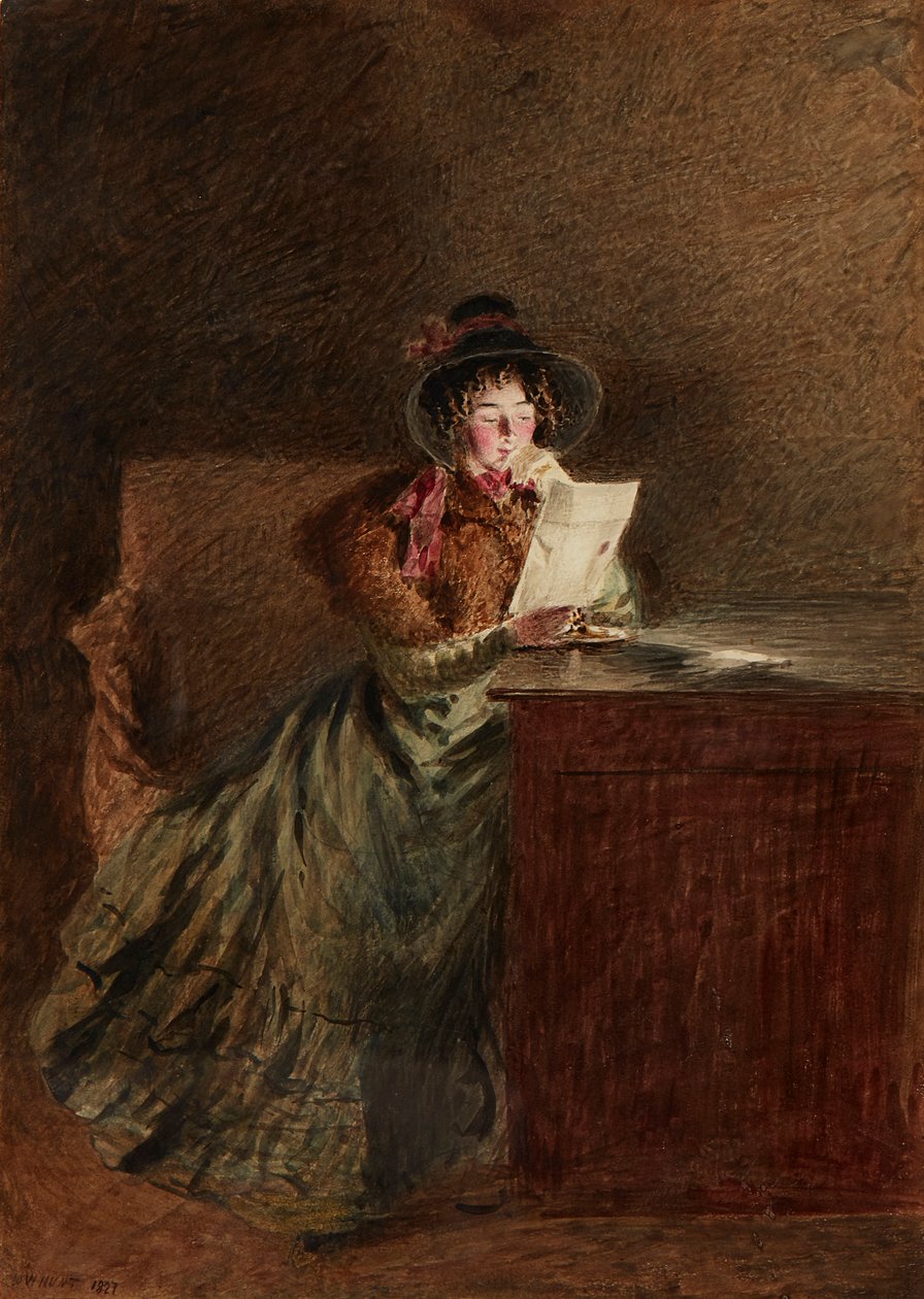 Dziewczyna czytająca list przy świetle lampy (akwarela i ołówek) autorstwa William Henry Hunt