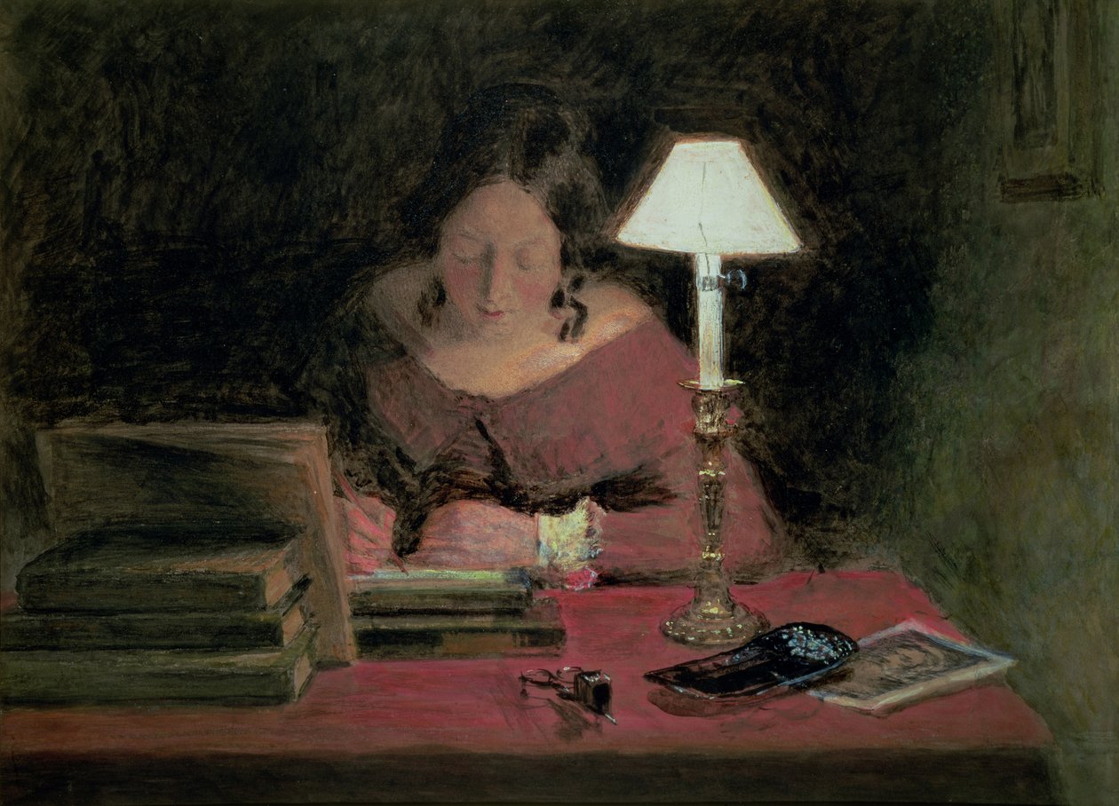 Dziewczyna pisząca przy świetle lampy, ok.1850 autorstwa William Henry Hunt
