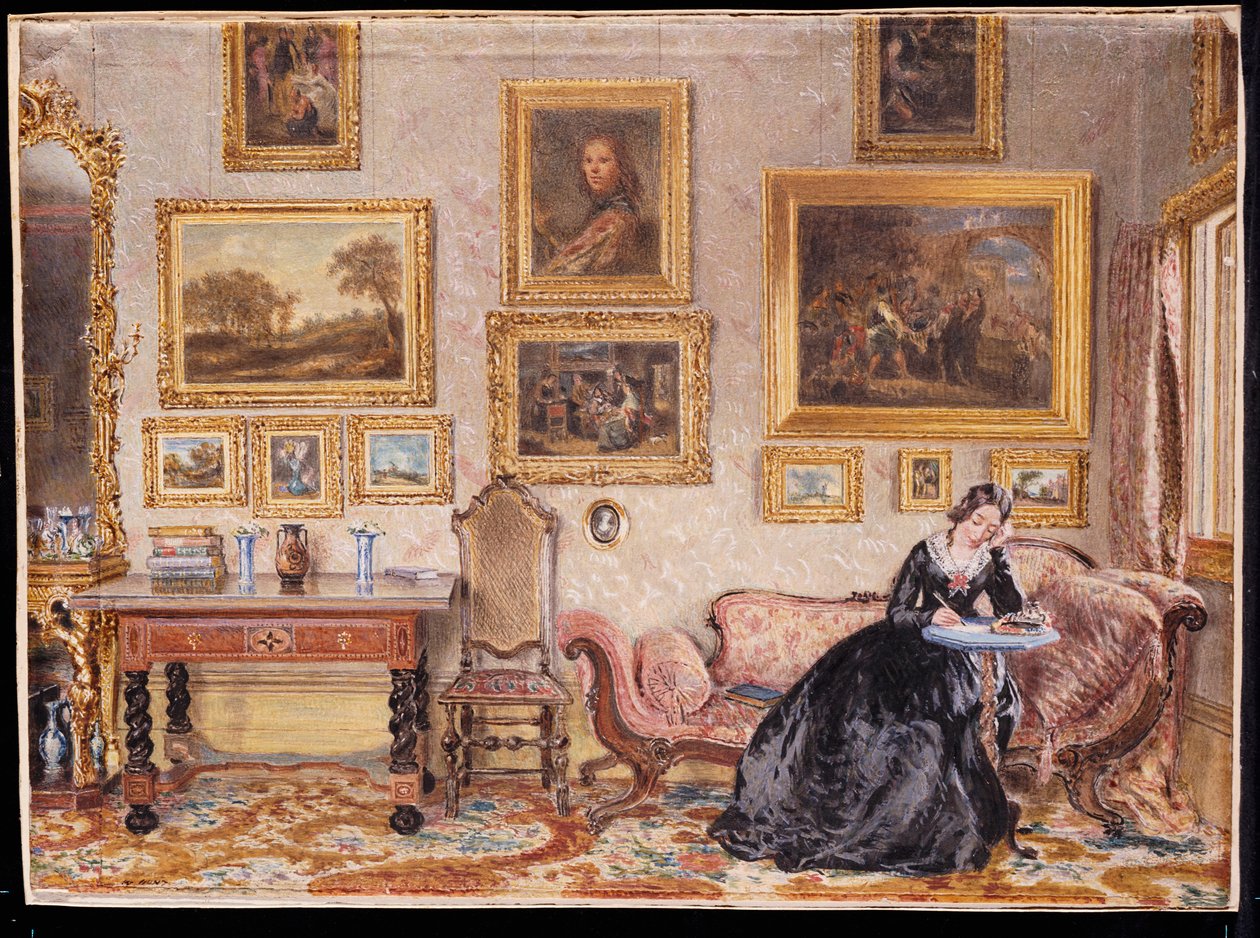 Wnętrze salonu z damą przy jej biurku autorstwa William Henry Hunt