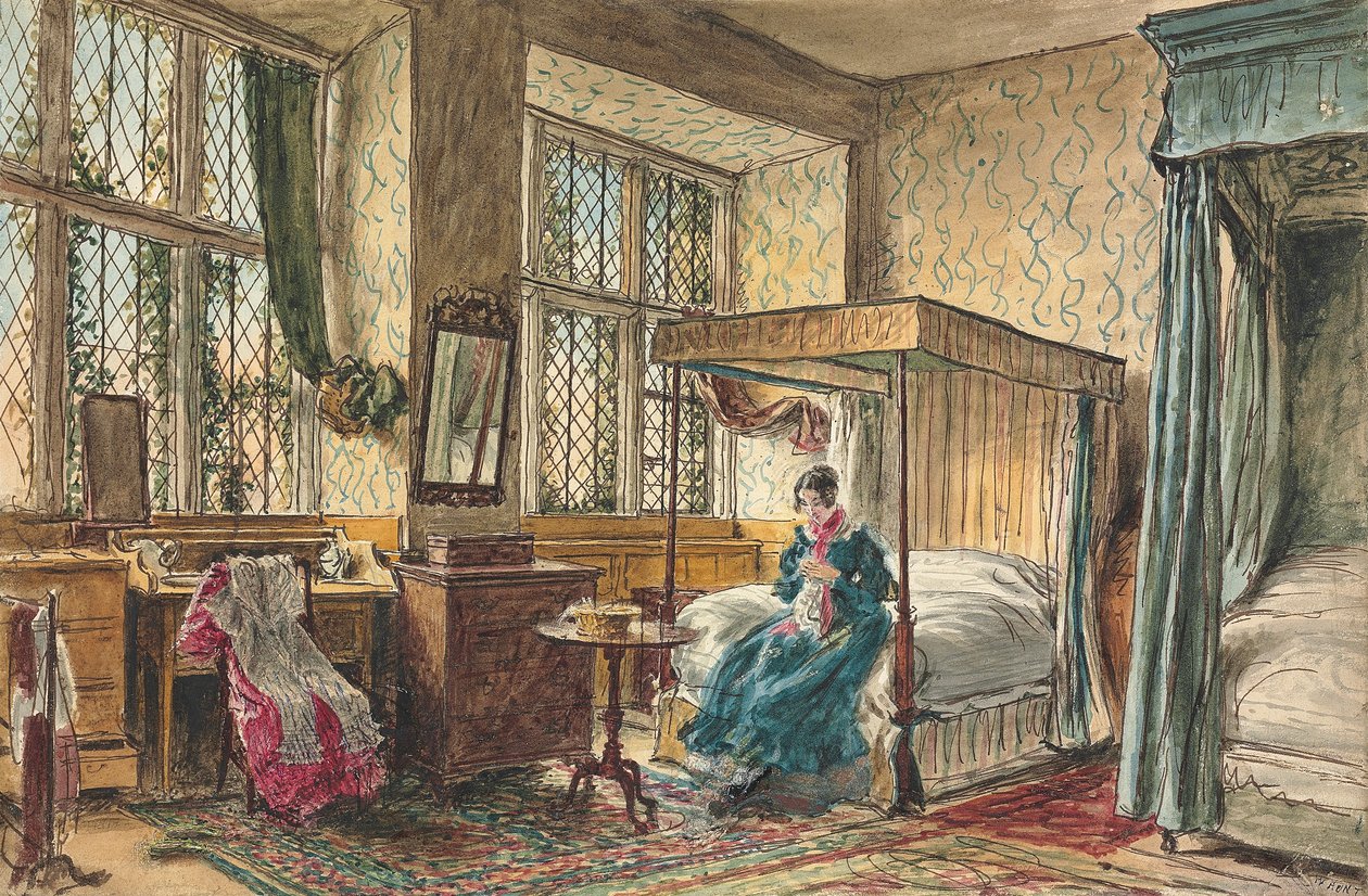 Panna Moore szyje w swojej sypialni, Hardwick Hall, Derbyshire autorstwa William Henry Hunt
