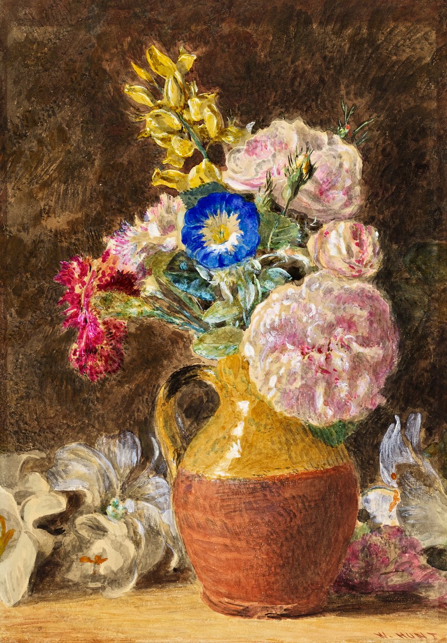 Mieszane kwiaty w brązowo-płowym dzbanku, ok. 1860 r. autorstwa William Henry Hunt