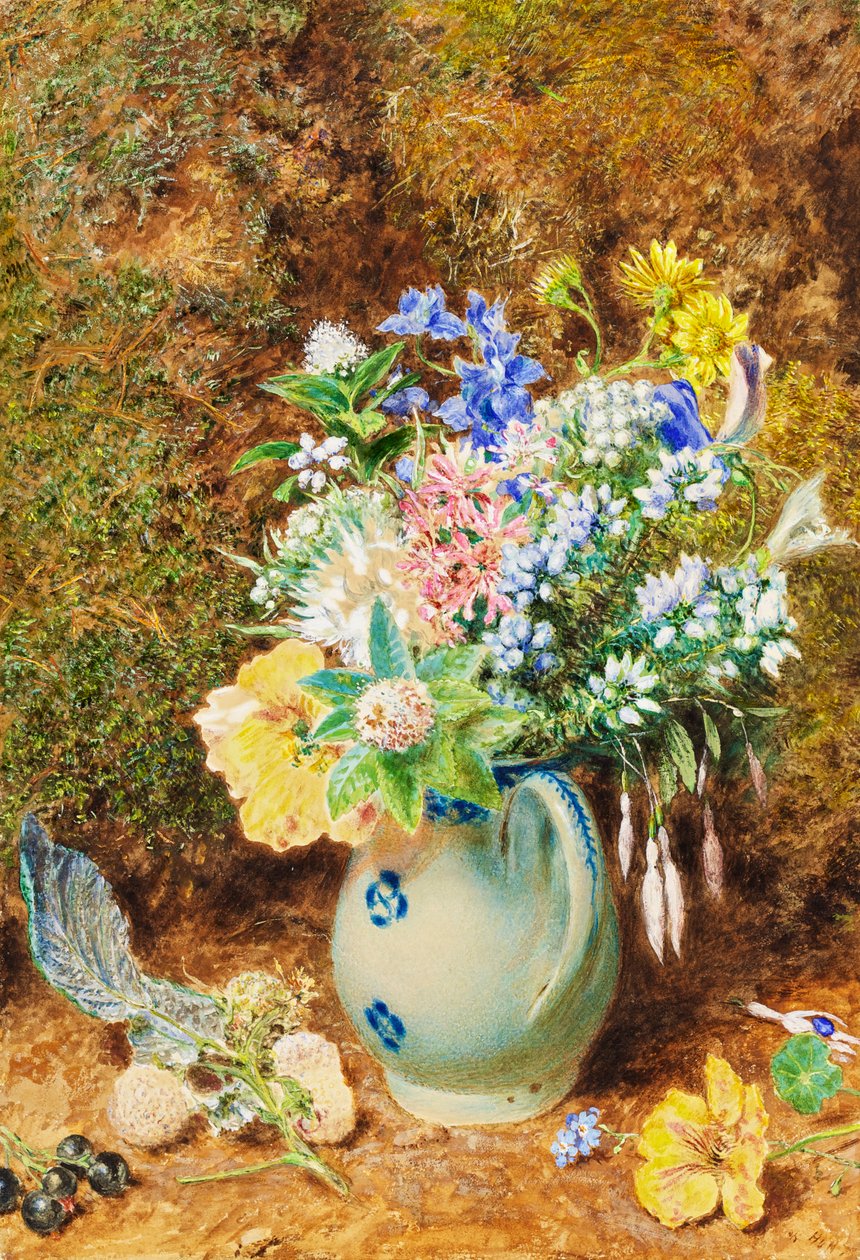 Bladoniebieski porcelanowy dzbanek z wrzosowiskami i małymi kwiatami, ok. 1860 r autorstwa William Henry Hunt