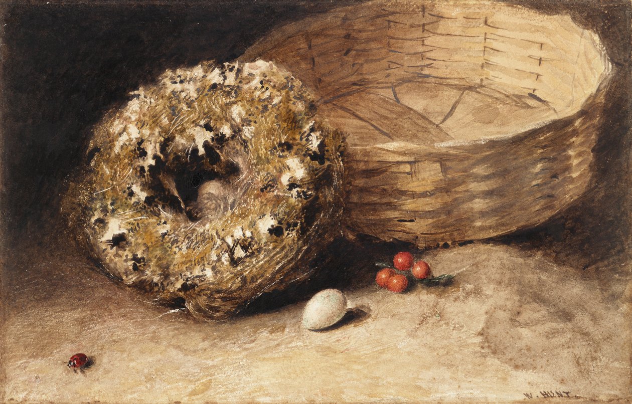 Martwa natura z koszykiem, gniazdem, jajkiem, czerwonymi porzeczkami i biedronką autorstwa William Henry Hunt