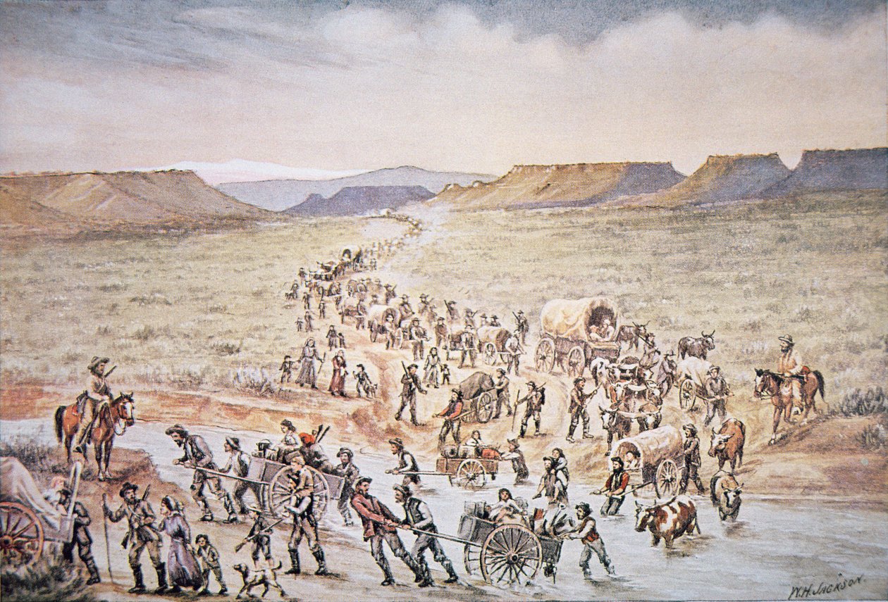 Mormoni pionierzy wózków ręcznych zmierzający na zachód do Utah w 1850 r. (kolor lito) autorstwa William Henry Jackson