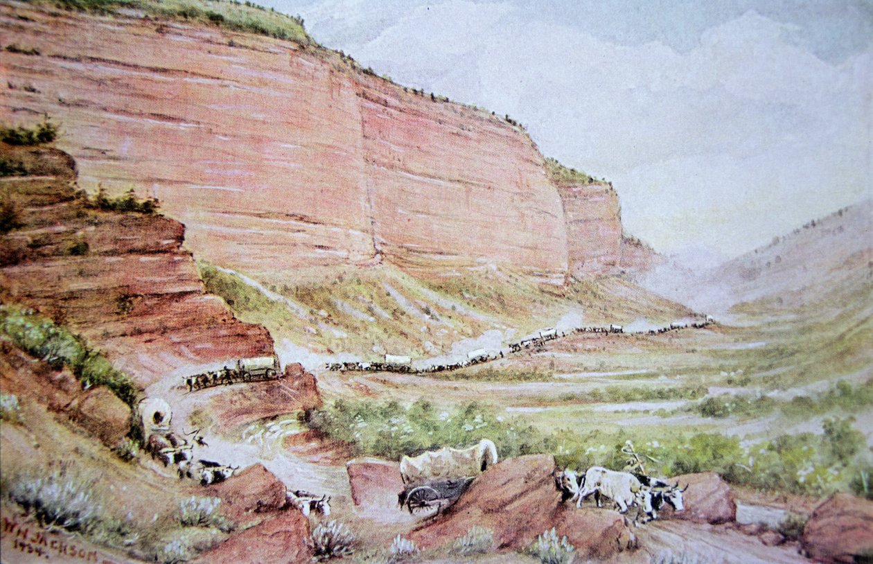 Pociąg wagonów mormonów przejeżdżających przez Echo Canyon, na wschód od Salt Lake City, Utah (kolor lito) autorstwa William Henry Jackson