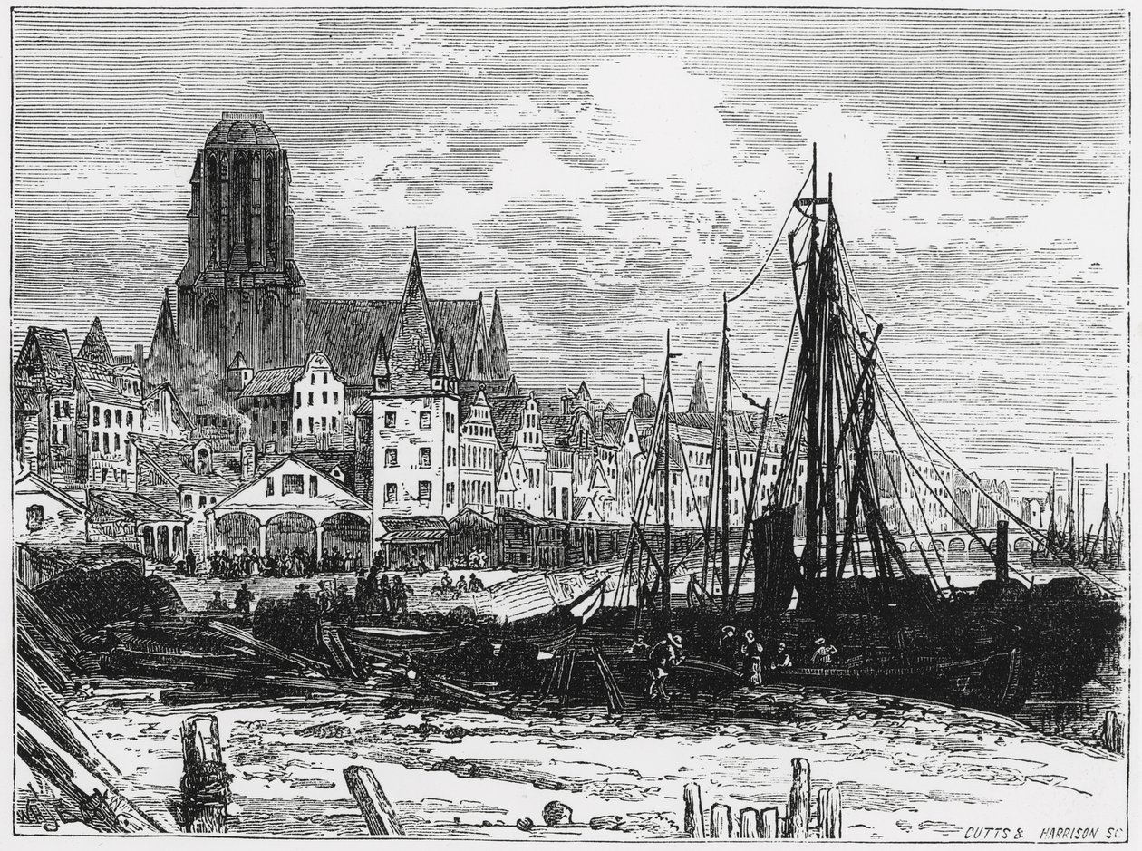 Widok na Frankfurt nad Menem z kościołem Białych Dam w tle, grawerowane przez Cuttsa i Harrisona autorstwa William Henry James Boot