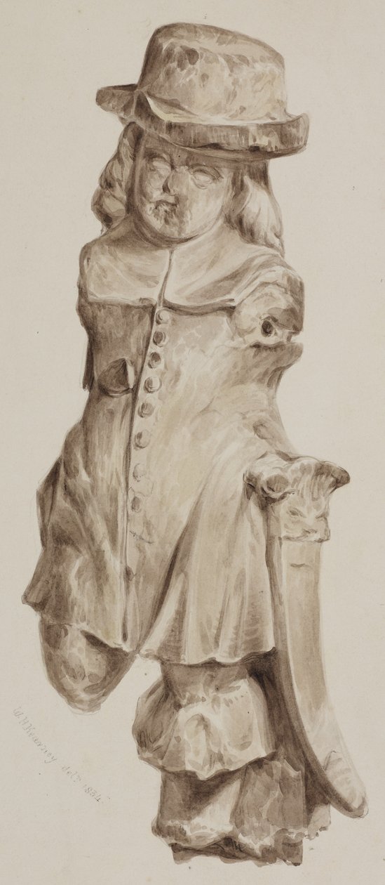 Rzeźbiona postać w dębie, kiedyś w drzwiach domu zbudowanego na miejscu Boars Head Tavern, Eastcheap, 1834 (wash on paper) autorstwa William Henry Kearney