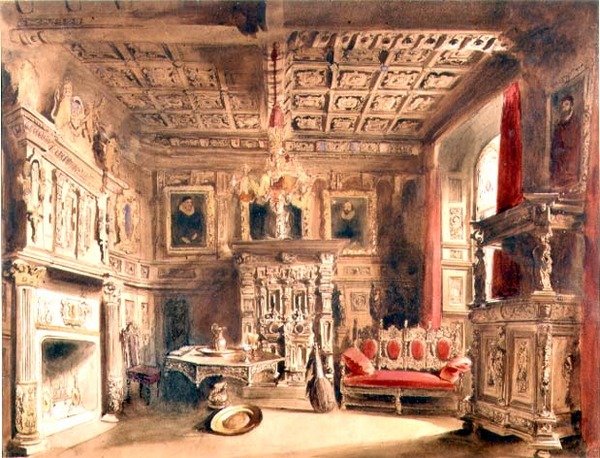 Wnętrze Tudorów (brązowy tusz i akwarela na papierze) autorstwa William Henry Lake Price