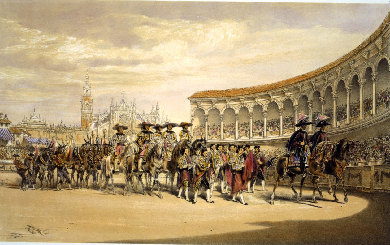 Wejście toreros w procesji. Lake Price (ok. 1810-1896) Angielski artysta. Torreadorzy przetwarzający na stadionie w Sewilli, Hiszpania. Kostium sportowy Corrida Matador z tradycją autorstwa William Henry Lake Price