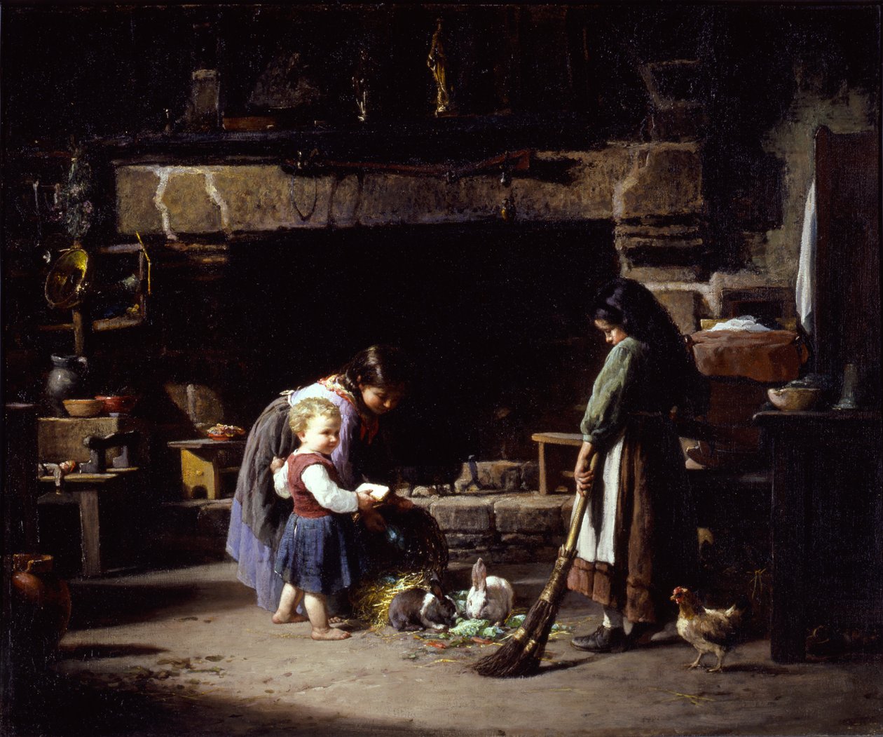 Wnętrze farmy: Bretońskie dzieci karmiące króliki, 1878. autorstwa William Henry Lippincott