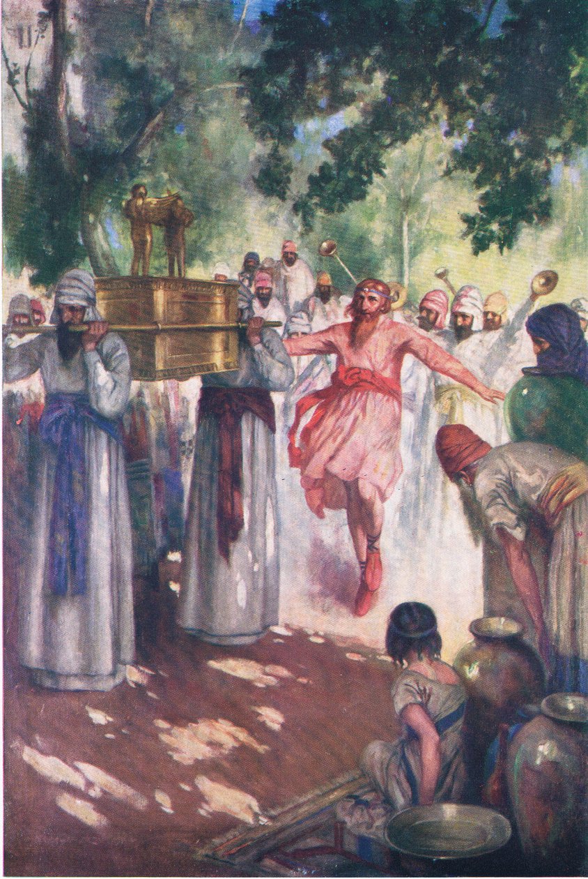 Dawid przywozi Arkę do Jerozolimy z Biblijnej Księgi Obrazkowej wydanej przez Thomasa Nelsona, ok. 1950 r. autorstwa William Henry Margetson