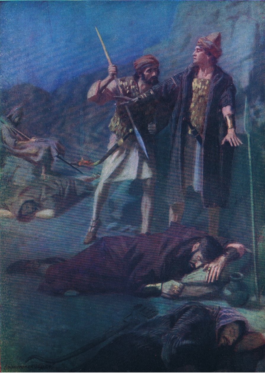 David oszczędza Saula, z The Bible Picture Book wydanej przez Thomasa Nelsona, ok. 1950 autorstwa William Henry Margetson