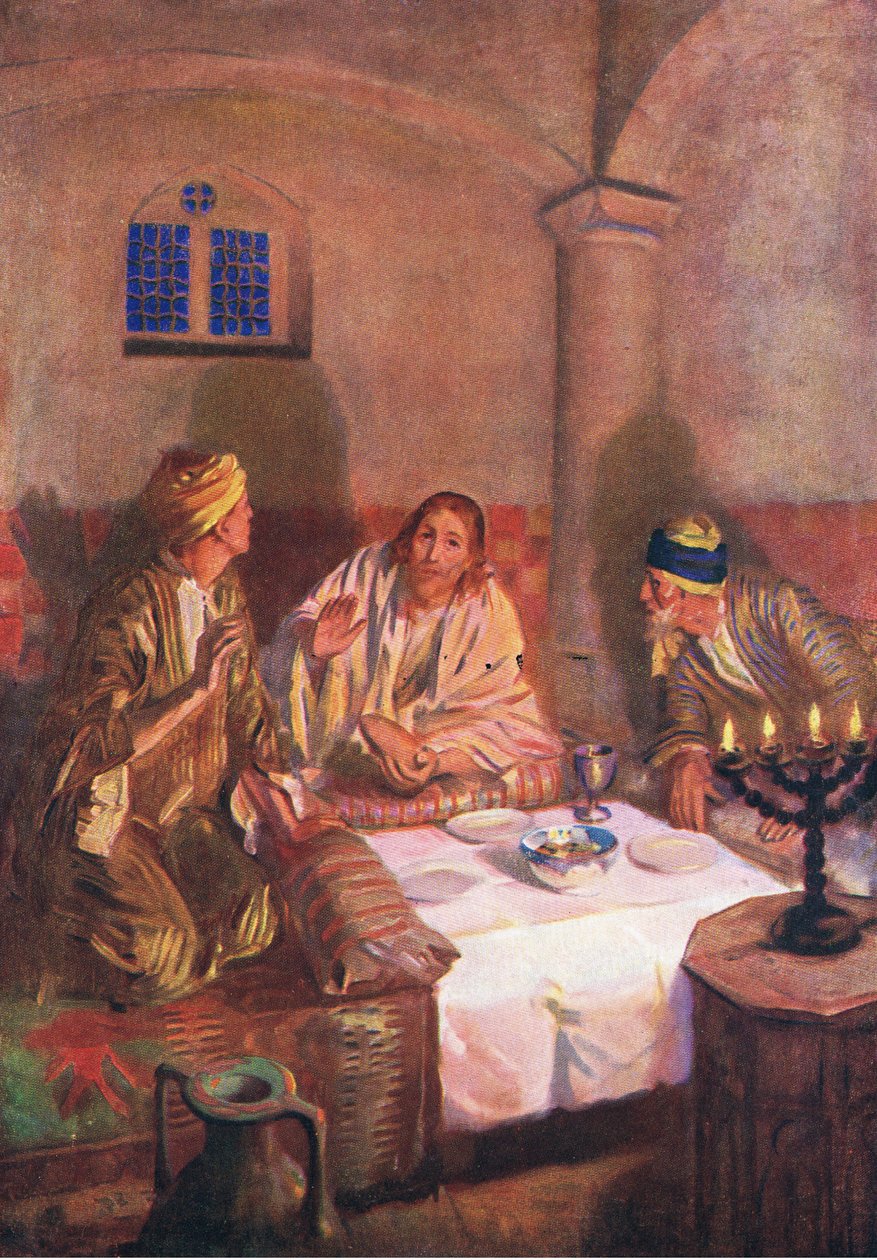 Wieczór w Emaus, z Biblijnej Księgi Obrazkowej wydanej przez Thomasa Nelsona, ok. 1950 autorstwa William Henry Margetson