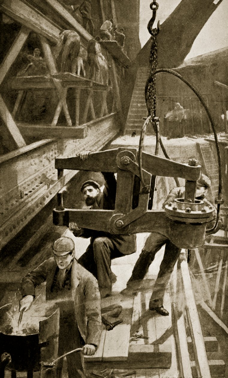 Nitowanie hydrauliczne na Czwartym Moście autorstwa William Henry Margetson