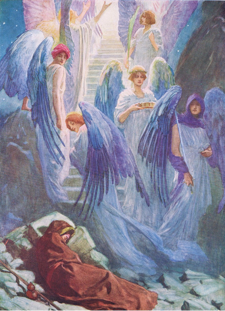 Sen Jacobsa, z The Bible Picture Book wydanej przez Thomas Nelson, ok. 1950 r. autorstwa William Henry Margetson