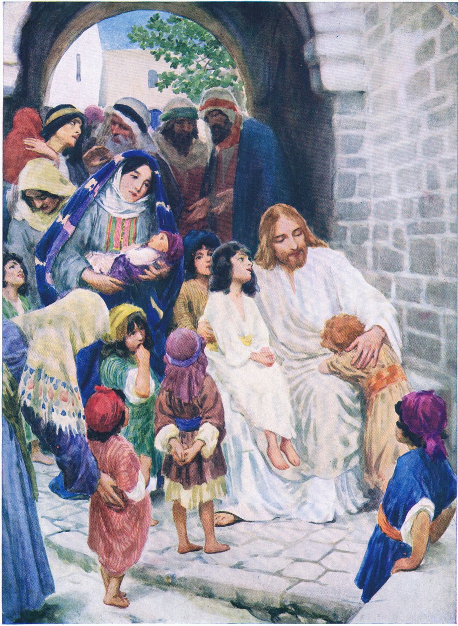 Jezus i dzieci, z The Bible Picture Book wydanej przez Thomasa Nelsona, ok. 1950 autorstwa William Henry Margetson