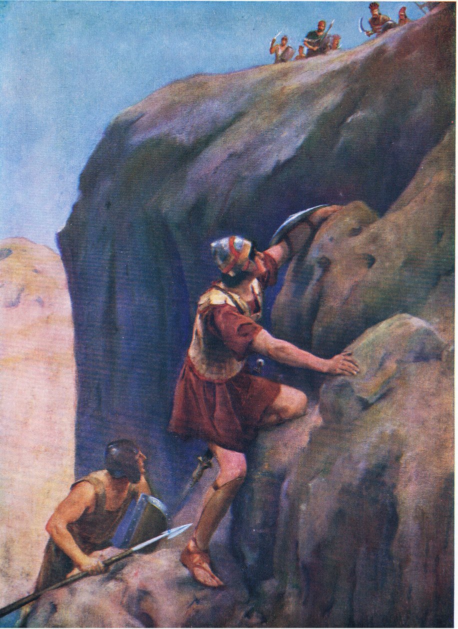 Jonathan i jego nosiciel zbroi, z The Bible Picture Book wydanej przez Thomasa Nelsona, ok. 1950 autorstwa William Henry Margetson
