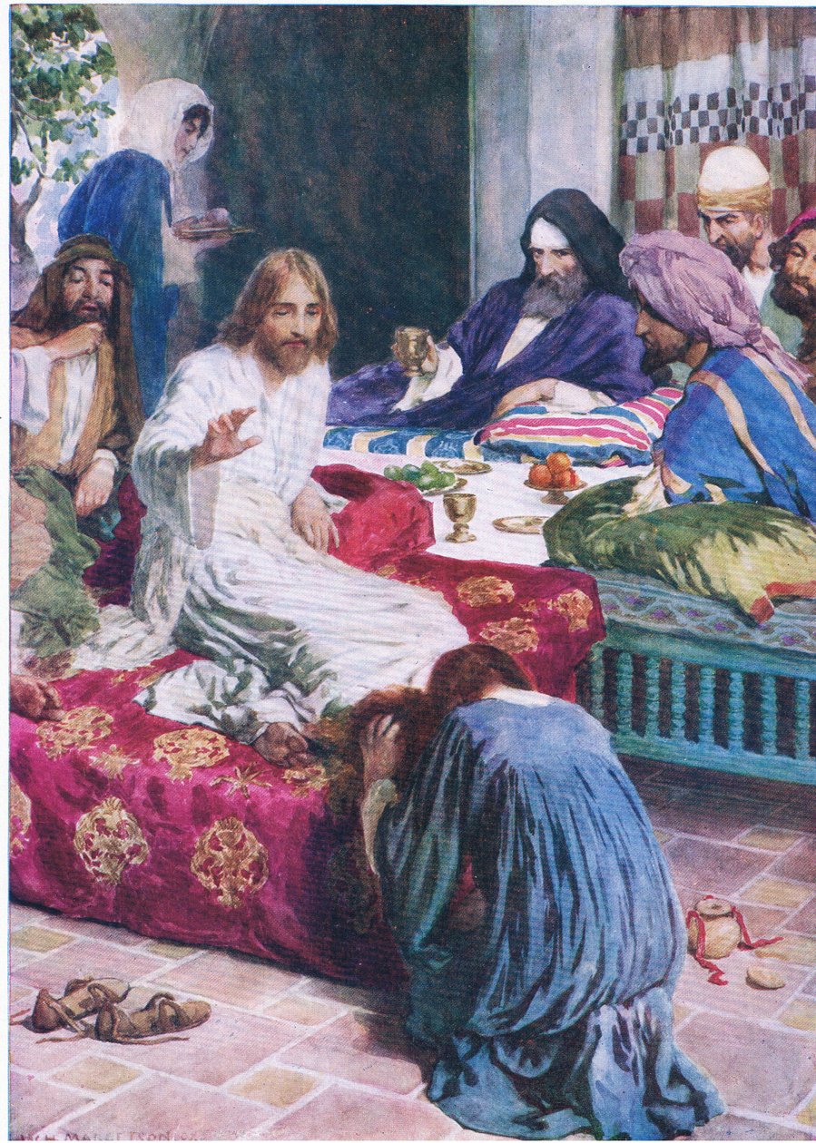 Mary i alabastrowe pudełko, z The Bible Picture Book wydanej przez Thomasa Nelsona, ok. 1950 autorstwa William Henry Margetson