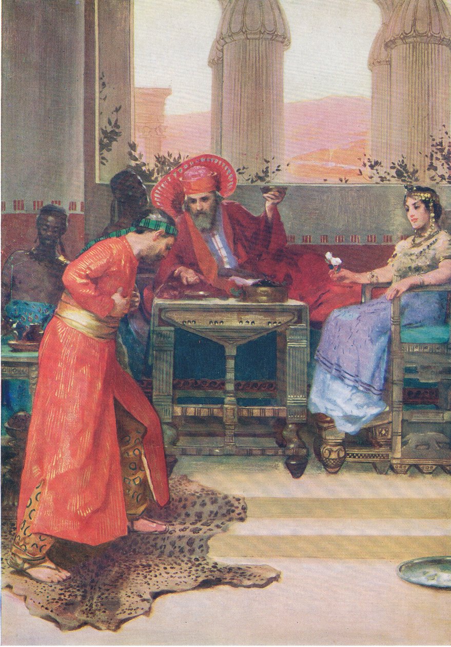Petycja Nehemiasza do króla, z The Bible Picture Book, wyd. Thomas Nelson, ok. 1950 r. autorstwa William Henry Margetson