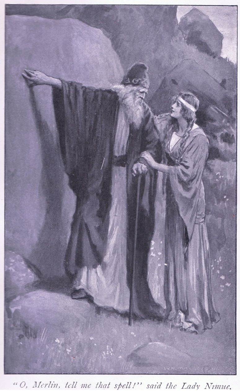 O Merlin, powiedz mi to zaklęcie! powiedziała pani Niume autorstwa William Henry Margetson