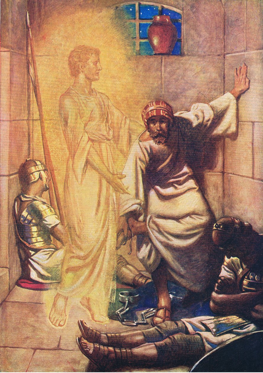Piotr uwolniony z więzienia, z The Bible Picture Book wydanej przez Thomas Nelson, ok. 1950 r. autorstwa William Henry Margetson