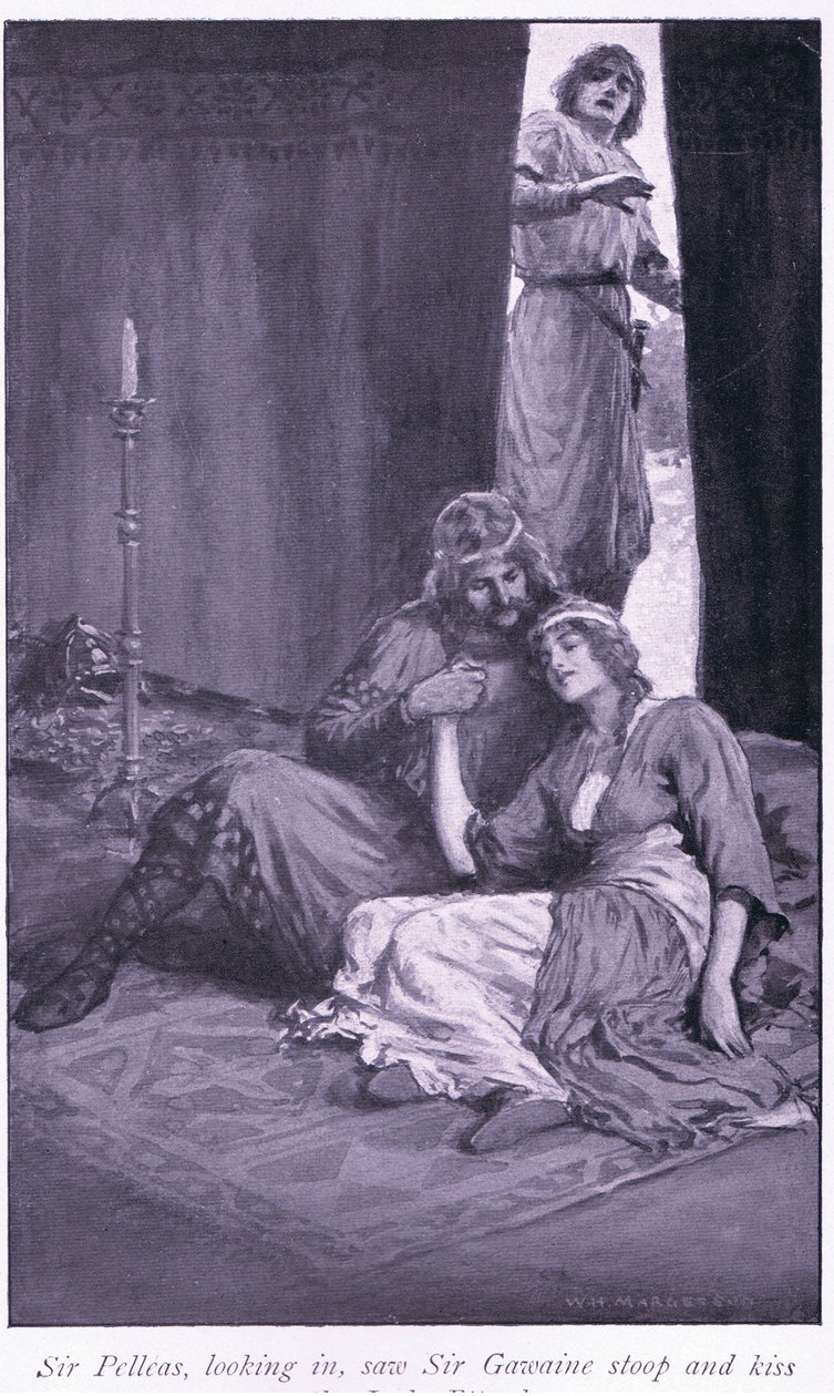 Sir Pelleas zajrzał do środka i zobaczył, jak sir Gawaine pochyla się i całuje panią Ettard autorstwa William Henry Margetson