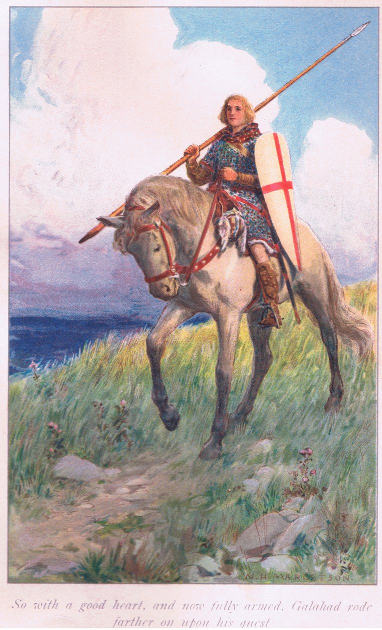 Więc z dobrym sercem i pełniej uzbrojony Galahad wyruszył dalej na swoją misję autorstwa William Henry Margetson
