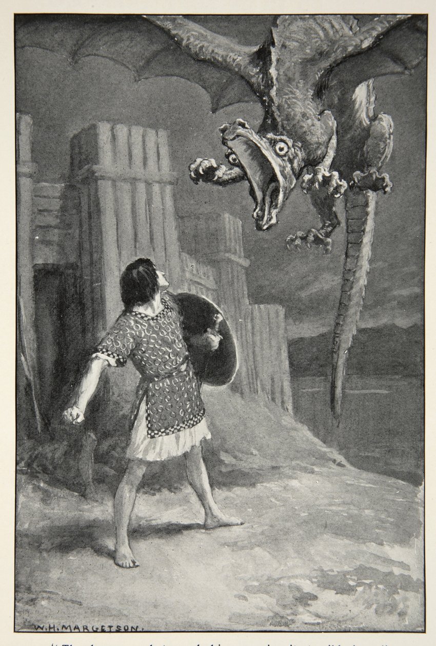 Smok opadł na niego, otwierając straszliwe szczęki, z „Hero Myths and Legends of the British Race” autorstwa M.I. Przypływ, 1910 autorstwa William Henry Margetson