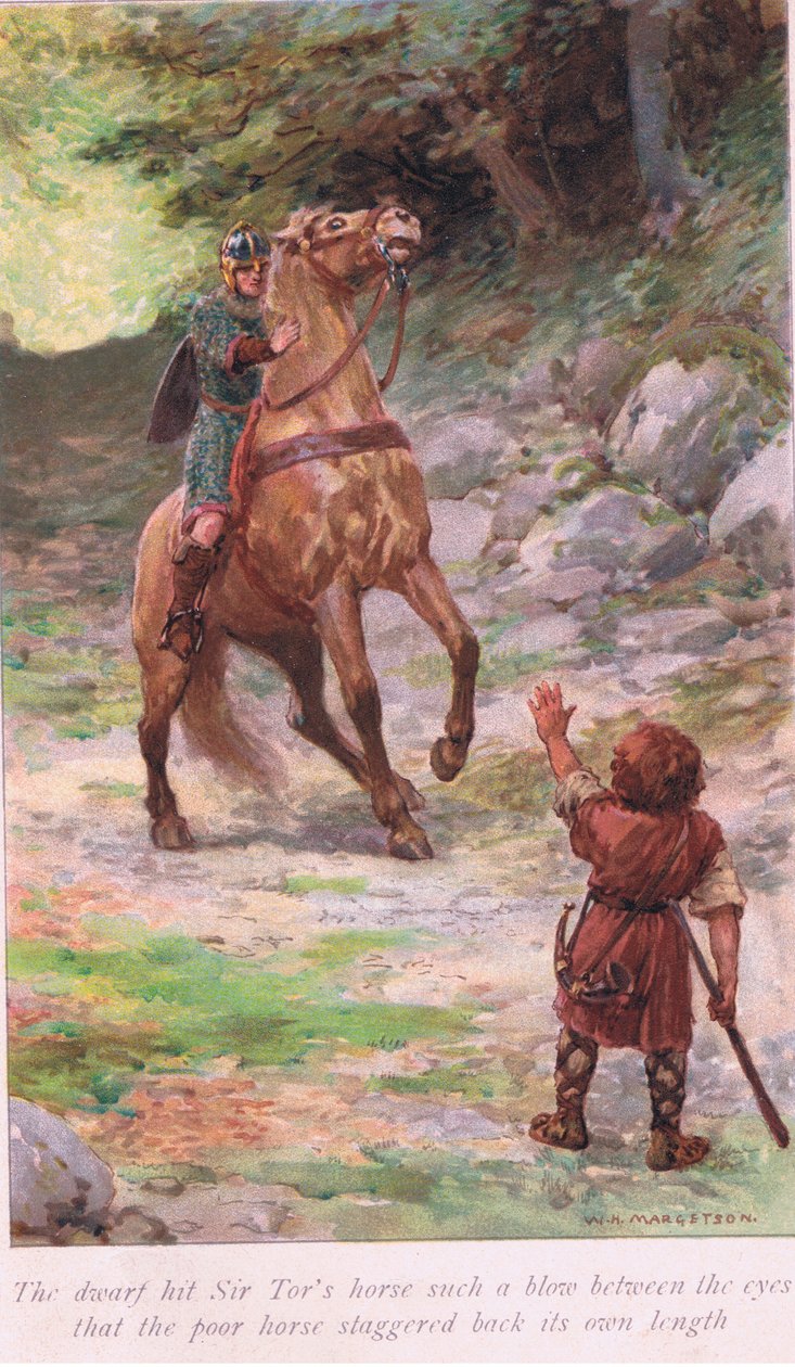 Krasnolud uderzył konia Sir Tora takim ciosem między oczy, że biedny koń zatoczył się do tyłu autorstwa William Henry Margetson