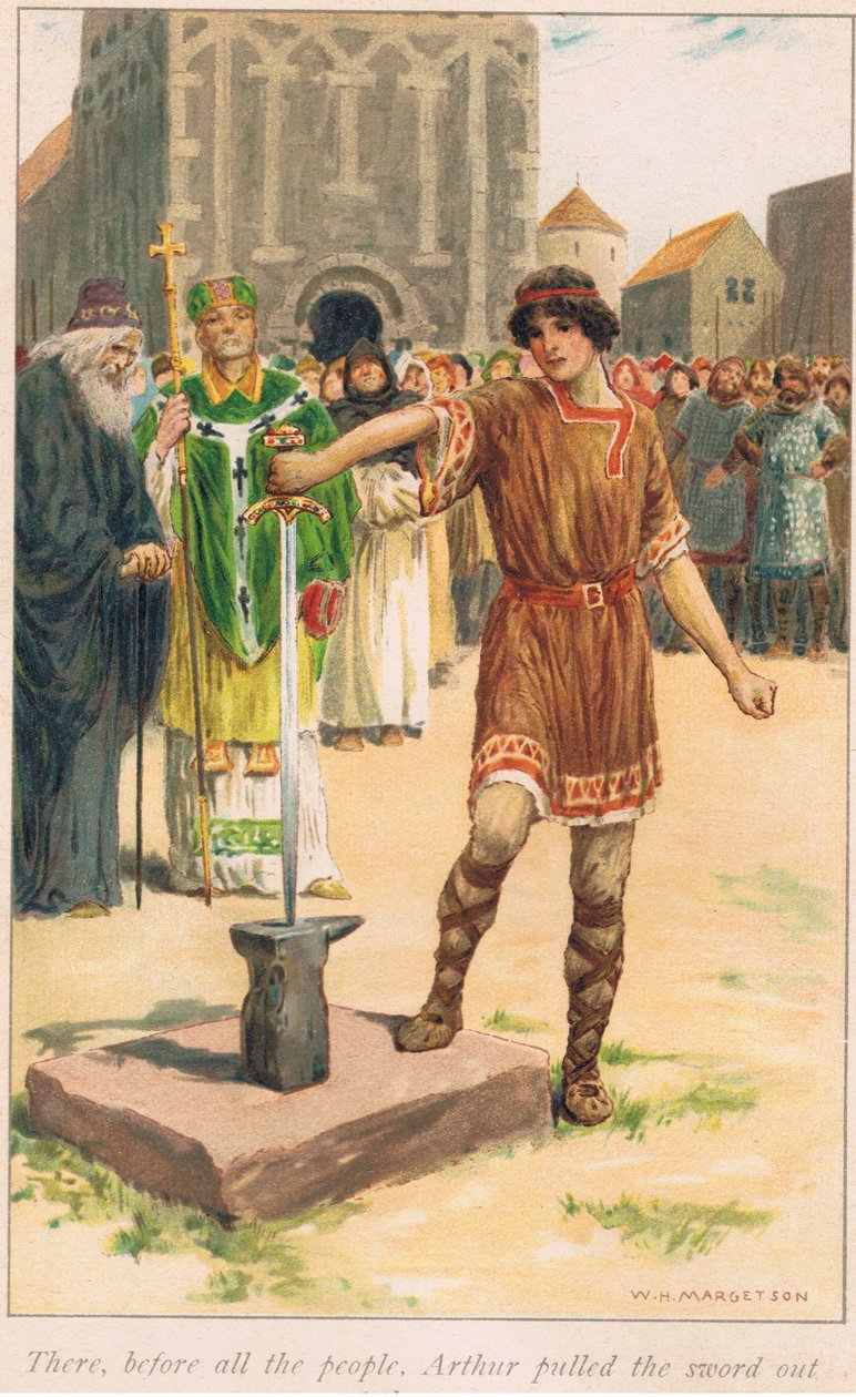 Tam, na oczach wszystkich ludzi, Artur wyciągnął miecz z kamienia autorstwa William Henry Margetson