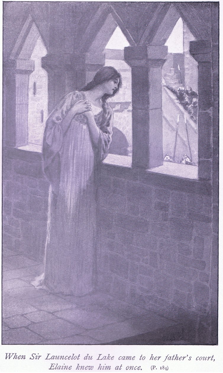 Kiedy sir Launcelot du Lake przybył na dwór jej ojca, Elaine znała go od razu… autorstwa William Henry Margetson