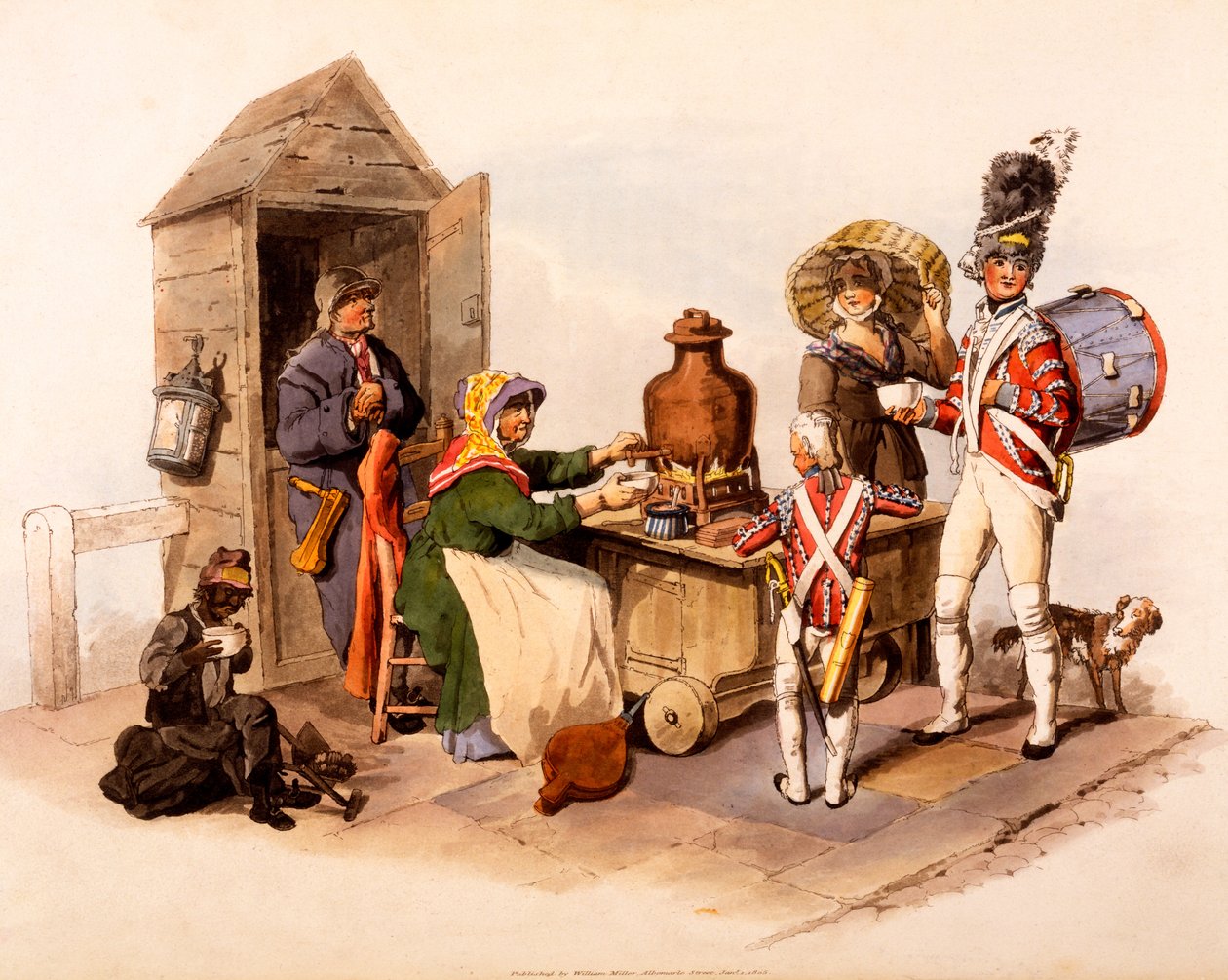 Sprzedawca Sallop serwujący gorące napoje, z filmu „Kostiumy Wielkiej Brytanii”, 1808 r. autorstwa William Henry Pyne